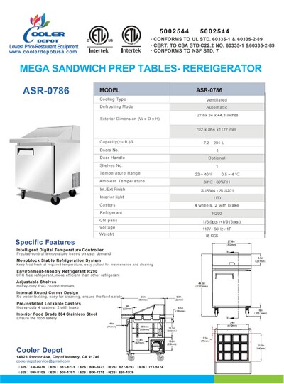 NSF Sandwich Prep Table Mega 28 inches Refrigerator ASR-0786