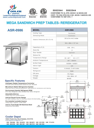NSF Sandwich Prep Table Mega 36 inches ASR-0986