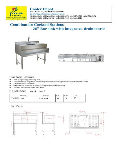 23 x 36 ins NSF Bar Sink CS-BAR-2336 HN-IB-101410-F-36CS