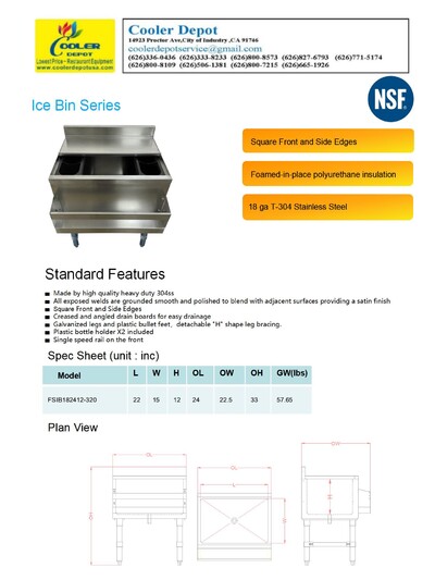 23 x 24 ins NSF Underbar Ice Bin CS-ICB-2324 HN-IB-152412-F-CS