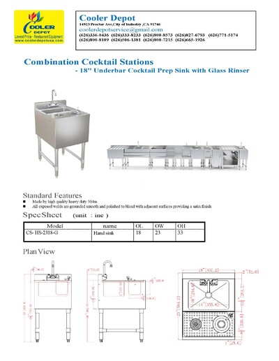 23x18 ins Mixology Station with Sink CS-HS-2318-G HS-BS1T14107
