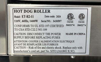 NSF Hot Dog 11 Roller Grill ET-R2-11