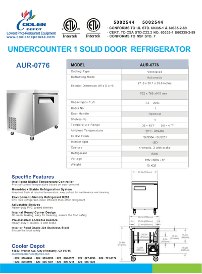 NSF 28 inches Undercounter refrigerator 7 cu.ft AUR-0776