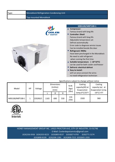1 HP top mounted mono-block Walk In Cooler system XWZ100T