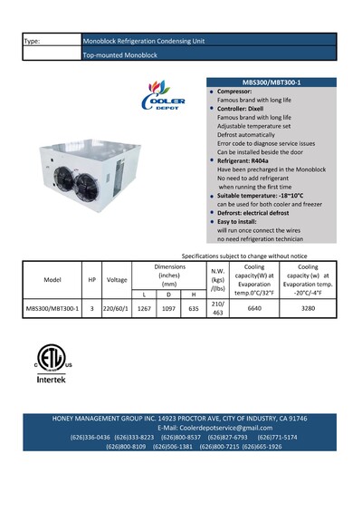 3 HP Roof mounting Mono-Block Walk In Cooler system XWZ300T