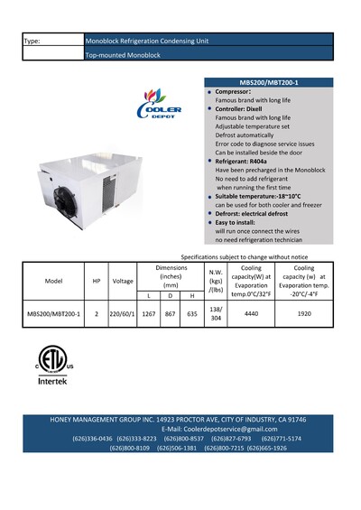2 HP Roof mounting Mono-Block Walk-In Freezer system XWZ200T