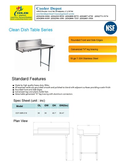 NSF Clean Dish Table 36W x 30D x43.7H inches HN-DTC36R