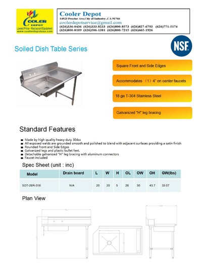 NSF Soiled Dish Table 26W x 30D x43.7H inches HN-DTS26R