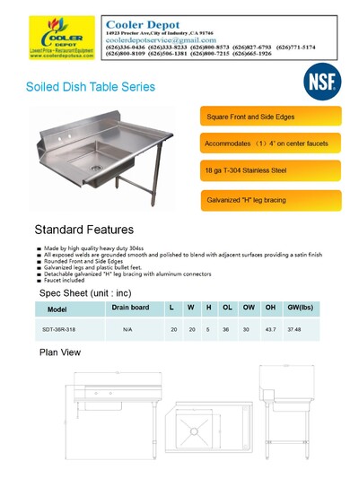 NSF Soiled Dish Table 36W x 30D x43.7H inches HN-DTS36R