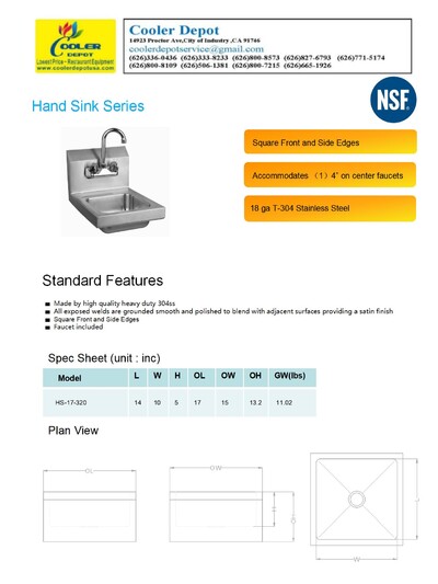 17 ins Commercial NSF SS hand Sink With Faucet HS-17-320