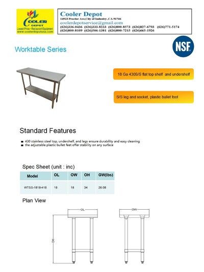 18W x 18D x 34H All Stainless Steel Table HN-WT1818-SB