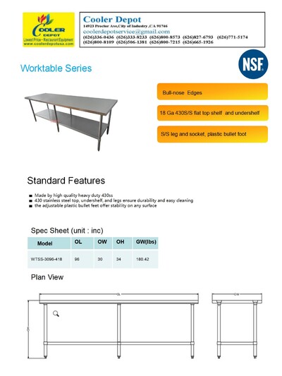 96W x 30D x34H All Stainless Steel Table NSF HN-WT3096-SB
