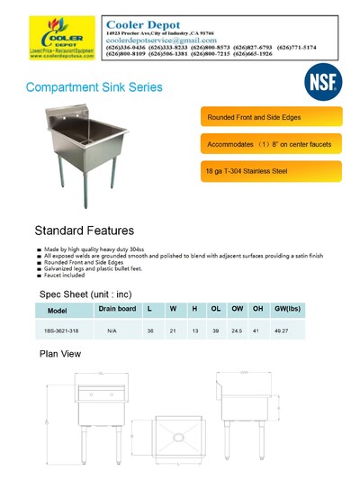 One Compartment Bar Sink With Faucet NSF 1BS-3621-318