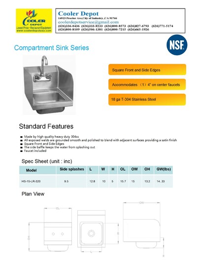 15 ins hand sink with two splashes and faucet HS-15-LR-320