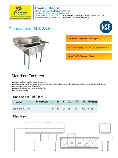 NSF 3 Compartment Sink  75ins With Faucet S3C151512-15LR-318