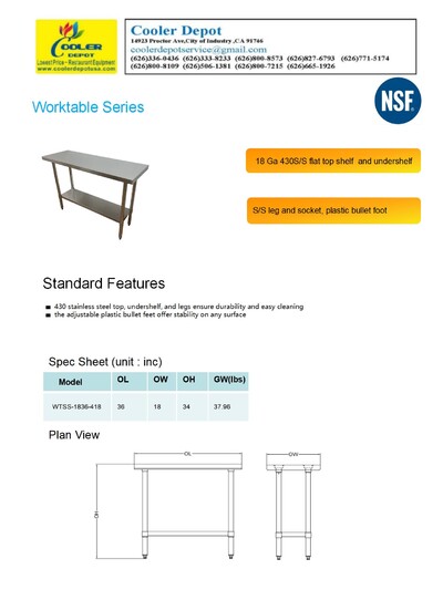36W x 18D x 34H All Stainless Steel Table NSF  HN-WT1836-SB