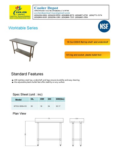 30W x 18D x 34HAll Stainless Steel Table NSF  HN-WT1830-SB