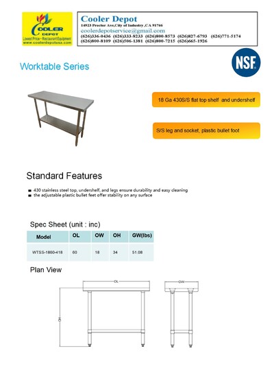 60W x 18D x 34H All Stainless Steel Table NSF  HN-WT1860-SB