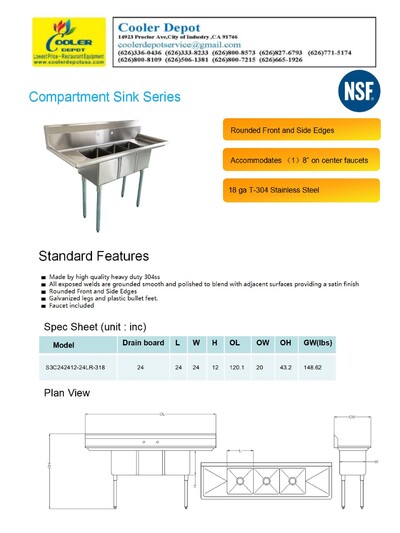 NSF120 in Stainless Steel 3 Compartment sink S3C242412-24LR-318
