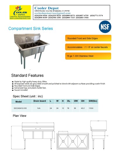 NSF 78 ins SS Three Compartment Sink two faucetsS3C242412-318