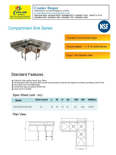 NSF Corner Sink 3 Compartment CS3CT181812-18LR-318