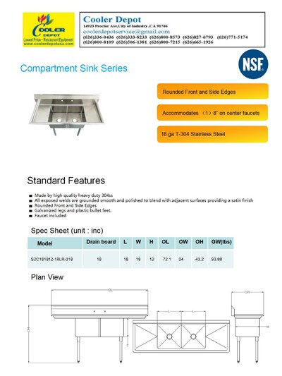 Two Compartment Bar Sink 72 ins  Faucet NSF S2C181812-18LR-318