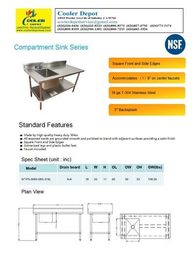 NSF SS Work Table Commercial compartment Sink WTPS-3060-5BS