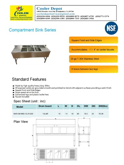 NSF 60 ins 3 Compartment Bar Sink with Faucet BAR-3B1860-12LR