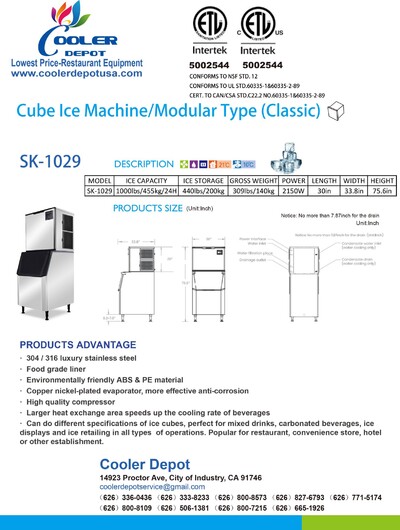 NSF 1000 LBS  Half Square Ice Maker Machine SK-1029+B445-ice bin