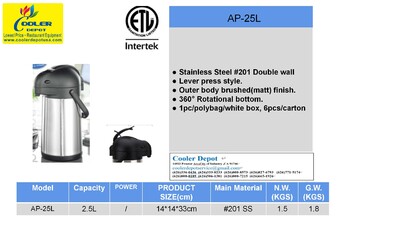 NSF 2.5L Stainless Steel Air Pressure Pot Button Airpot AP-25L