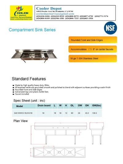 NSF 108 ins 4 Compartment Sink Two Faucets S4C181812-18LR-318