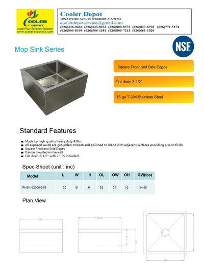 NSF S S Floor Mop Sink 21X25X10H FMS-162006-318