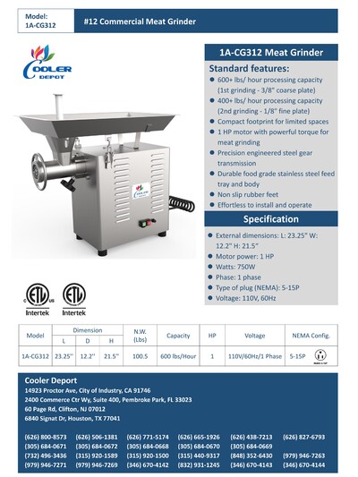 NSF 750W Commercial Stainless Steel Meat Grinder 1A-CG312