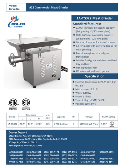 NSF 1100W Commercial Stainless Steel Meat Grinder 1A-CG322