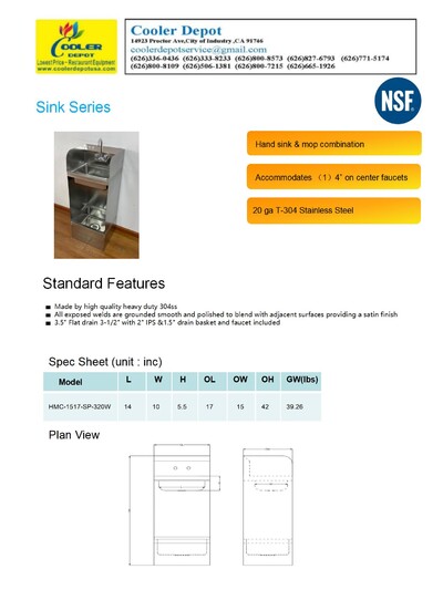15 ins Hands sink & mop combination HMC-1517-SP-320W