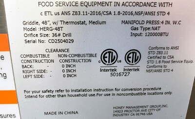 NSF 48 ins Thermostat griddle Medium NG HERG-48T