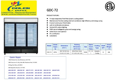 NSF 78 inches Commercial 3 Glass Door Refrigerator GDC-72