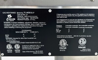 NSF 16 ins One Hole Chinese Wok Range Propane 16TC-WOK LP
