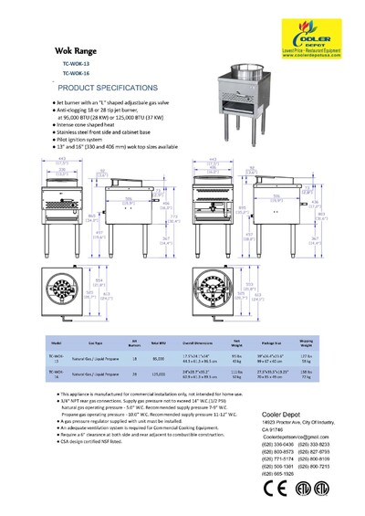 NSF 16 ins One Hole Chinese Wok Range Propane 16TC-WOK LP