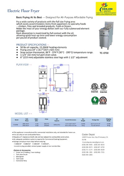 NSF 50LBS Electric Deep Fryer single phase 240 VTC-EF50
