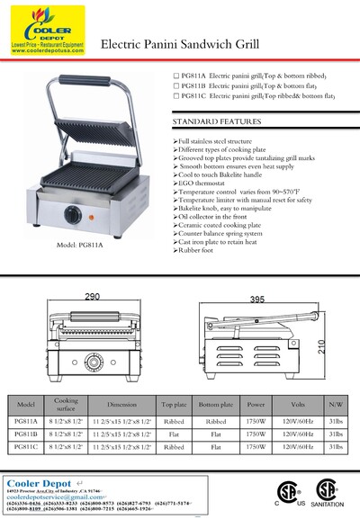 NSF Panini Sandwich Contact Grill Top And Lower Flat PG811B