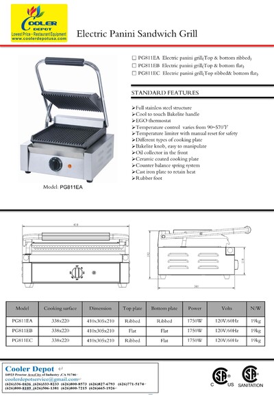 NSF Panini Sandwich Contact Grill Top And Lower Flat PG811EB