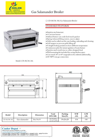 NSF 36 ins Gas Salamander Broiler CD-RCM-36L