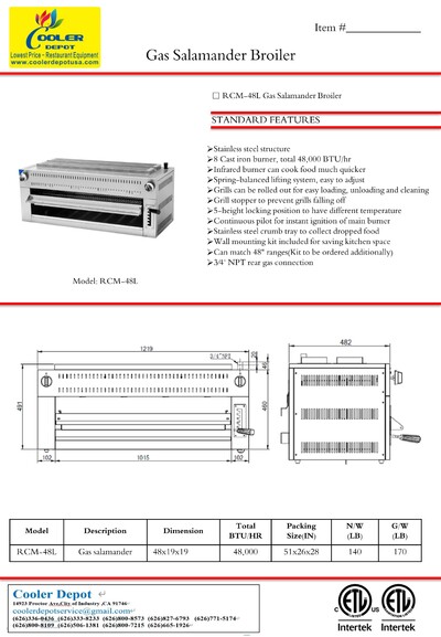 NSF 48ins Gas Salamander Broiler CD-RCM-48L