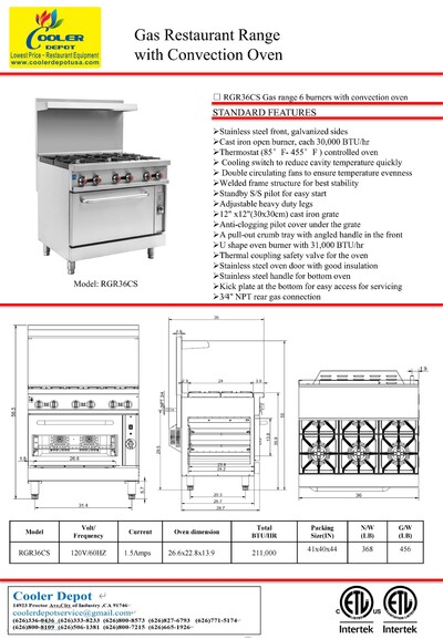 NSF 36 ins 6 Burner Convection Oven Range RGR-36CS