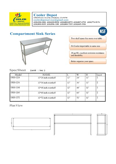 NSF 72 ins Under counter Double Deck Overshelf  HN-OSD-1272