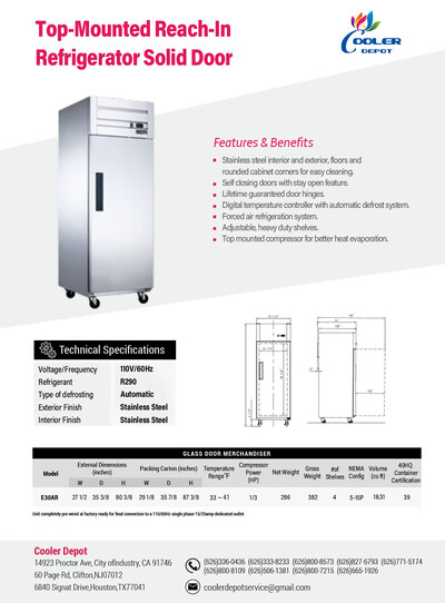 NSF Stainless Steel Top-Mounted Reach In Refrigerator E30AR