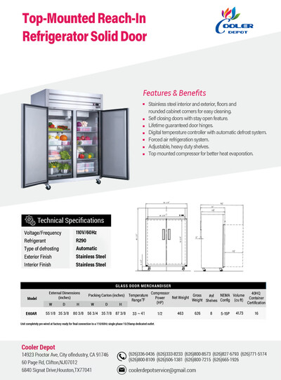 NSF SS Two Door Top Mount Reach In Refrigerator E60AR