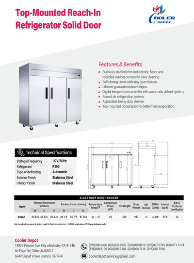 NSF SS Three Door Top Mount Reach In Refrigerator E90AR
