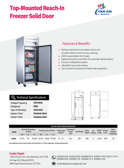 NSF Stainless Steel Top-Mounted Reach In Freezer 1 Door E30AF